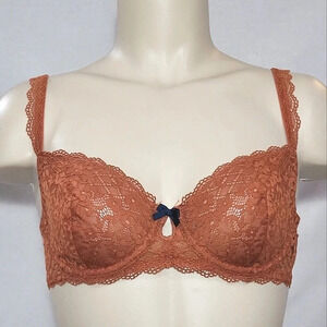 34D Gilligan O'Malley Unlined Semi Sheer Lace Balconette UW Bra Orange Penny NWT